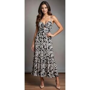J.Crew Tie-Front Cutout Midi Dress Black White Floral Cotton Poplin size 12 NWT